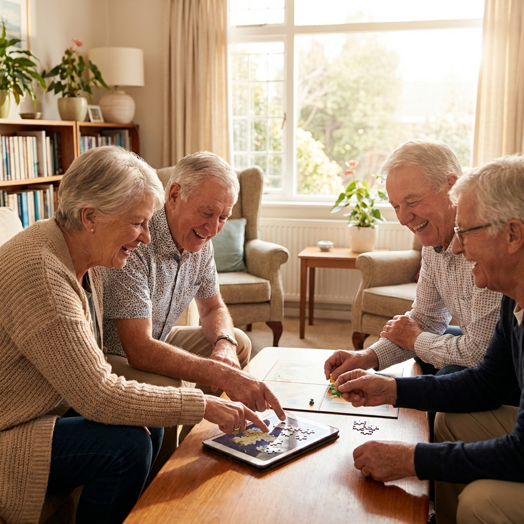 Happy seniors enjoying brain games and puzzles together