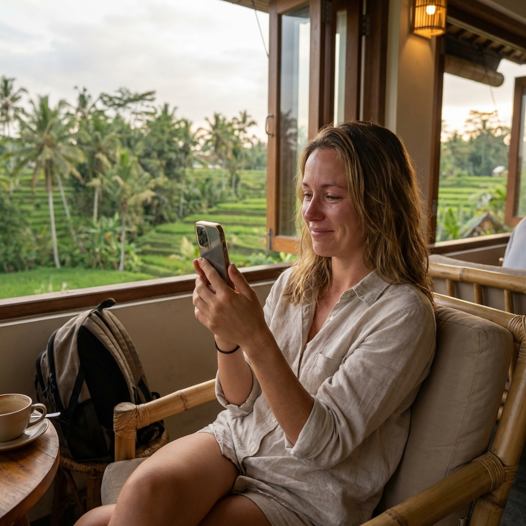 Alex M., a 34-year-old solo traveler in Bali, looking relieved while checking her phone